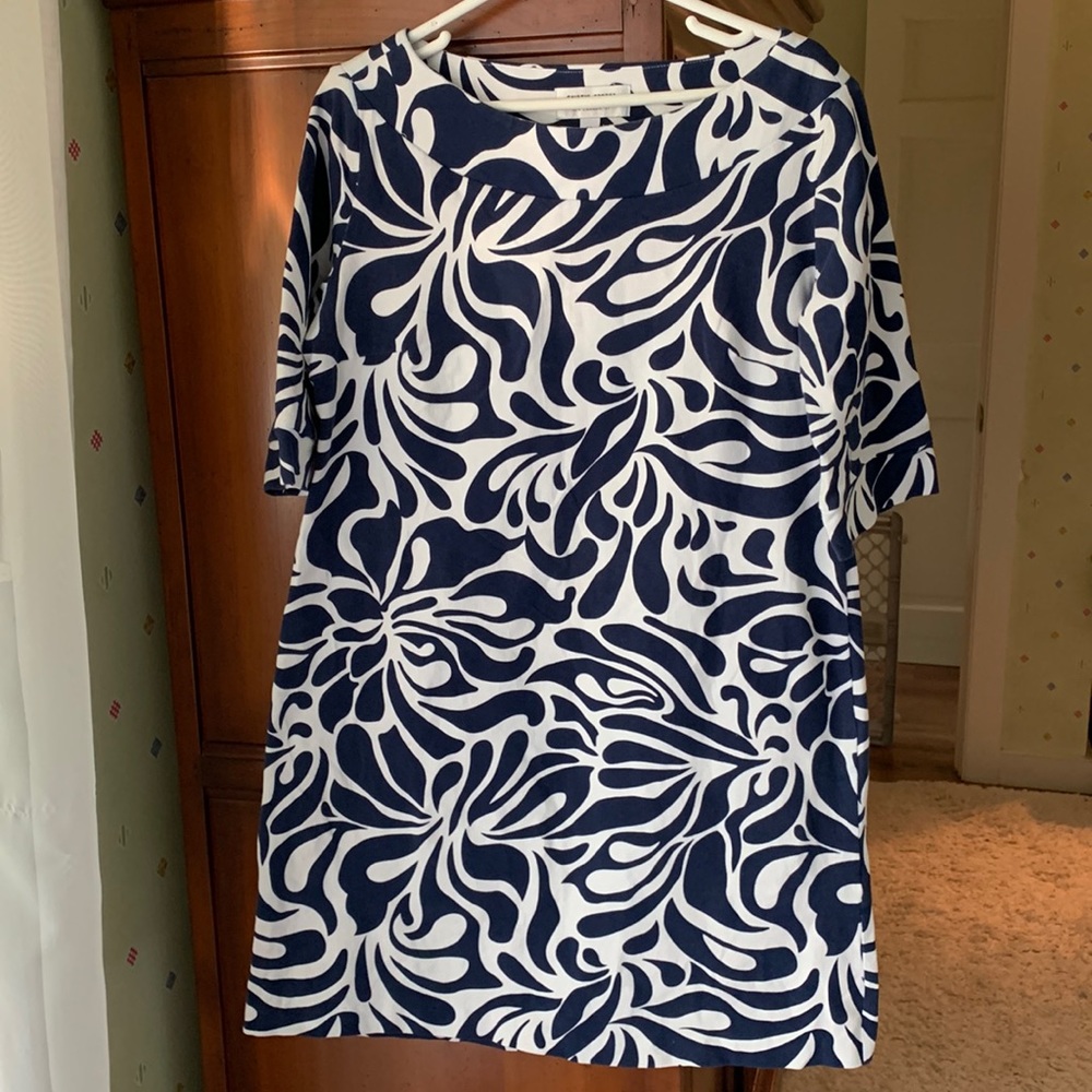 Skirtin Around Shift Dress Blue and White Pattern.